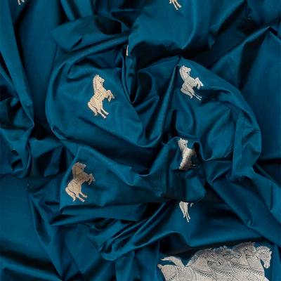 Cyan Handloom Banarasi Silk Saree With Horse Buttas