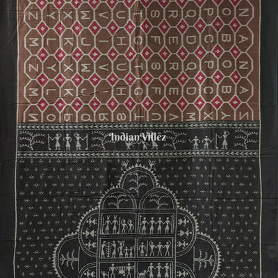 English Alphabet Sambalpuri Pure Cotton Saree With Tribal Anchal