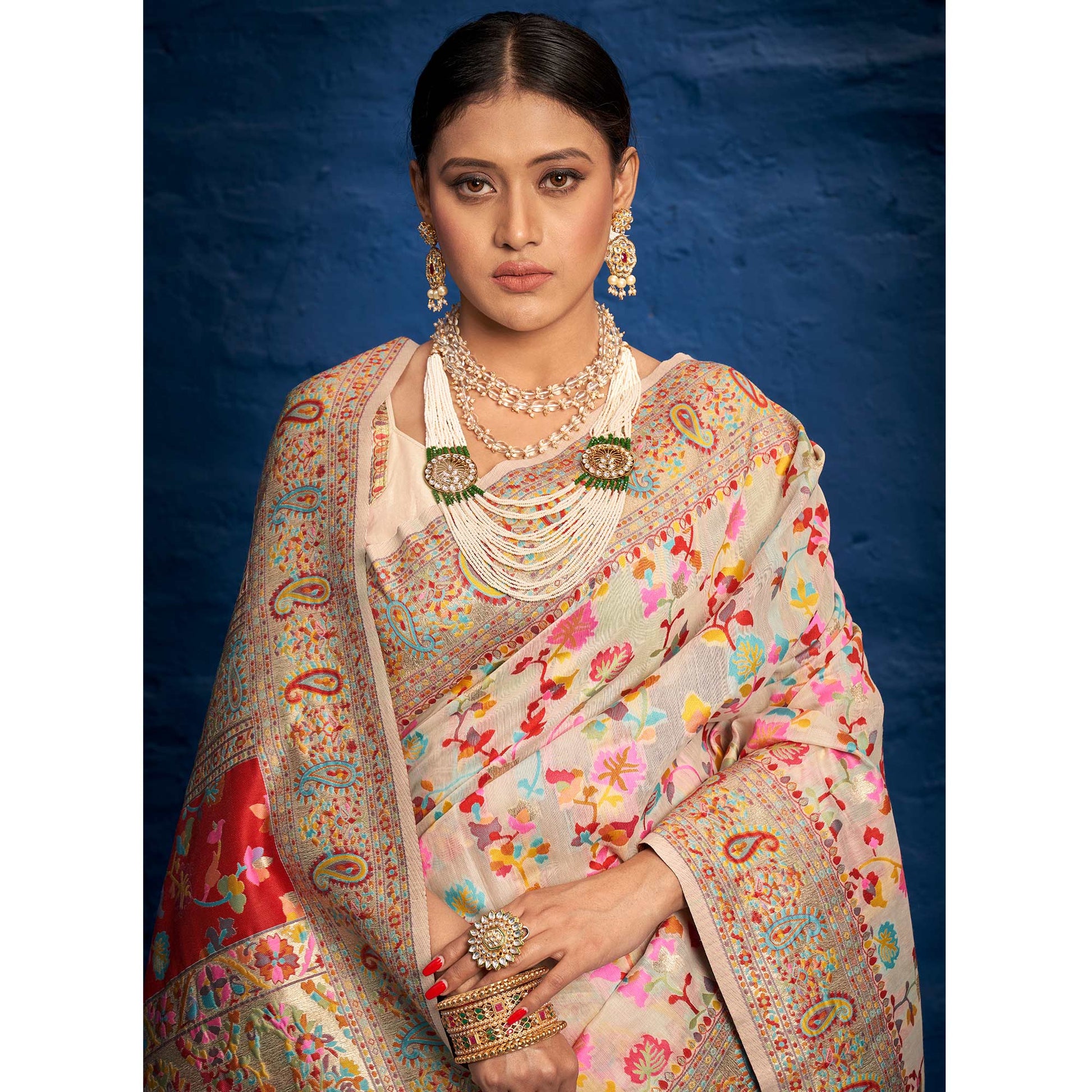 Cream Woven Art Silk Saree With Tassels