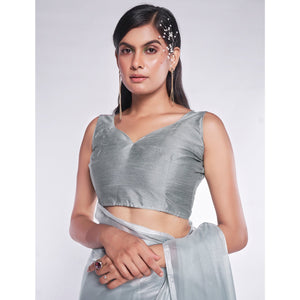 Grey Solid Organza Saree With Tassels