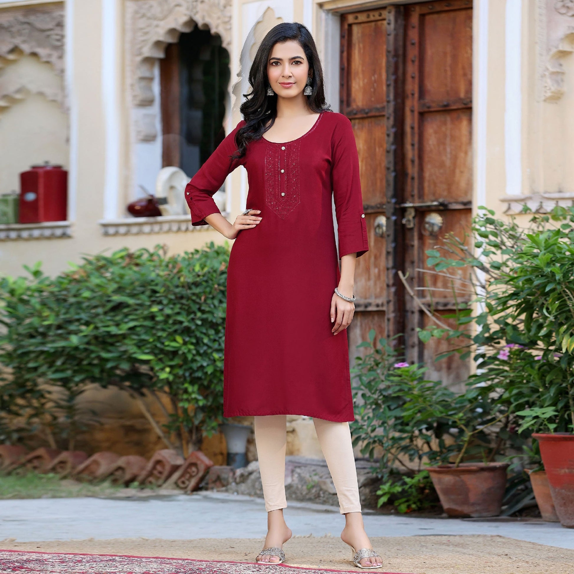 Maroon Embroidered Rayon Kurti