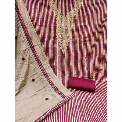 Maroon Printed With Sequins Embroidered Pure Cotton Dress Material