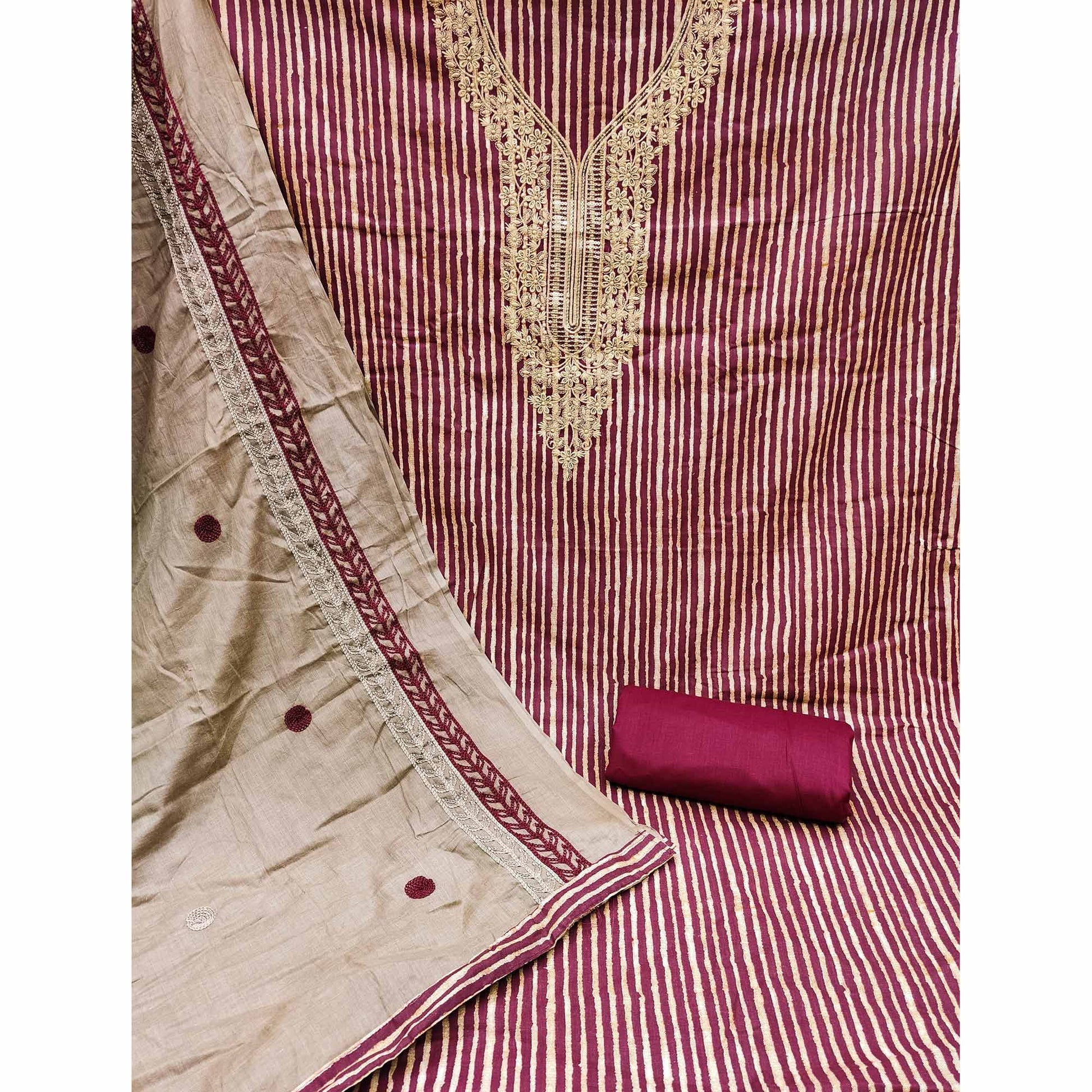 Maroon Printed With Sequins Embroidered Pure Cotton Dress Material