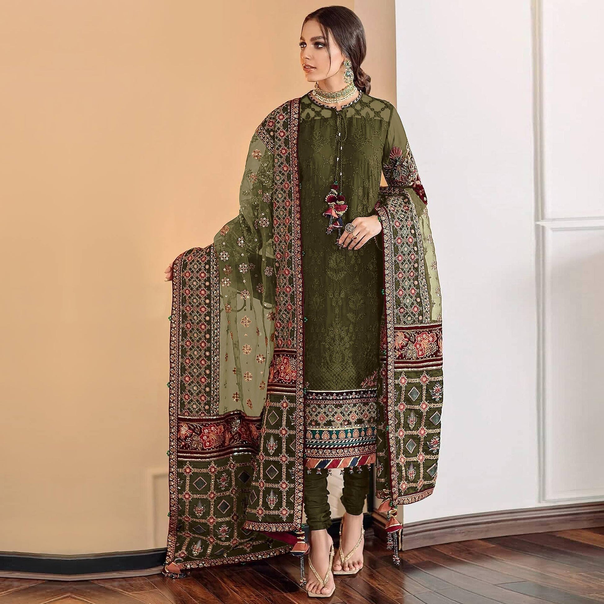 Mehendi Green Sequins Embroidered Georgette Pakistani Suit