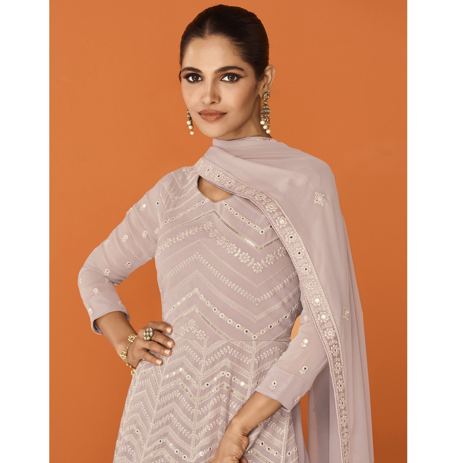Dusty Rose Pink Sequins Embroidered Georgette Semi Stitched Anarkali Suit