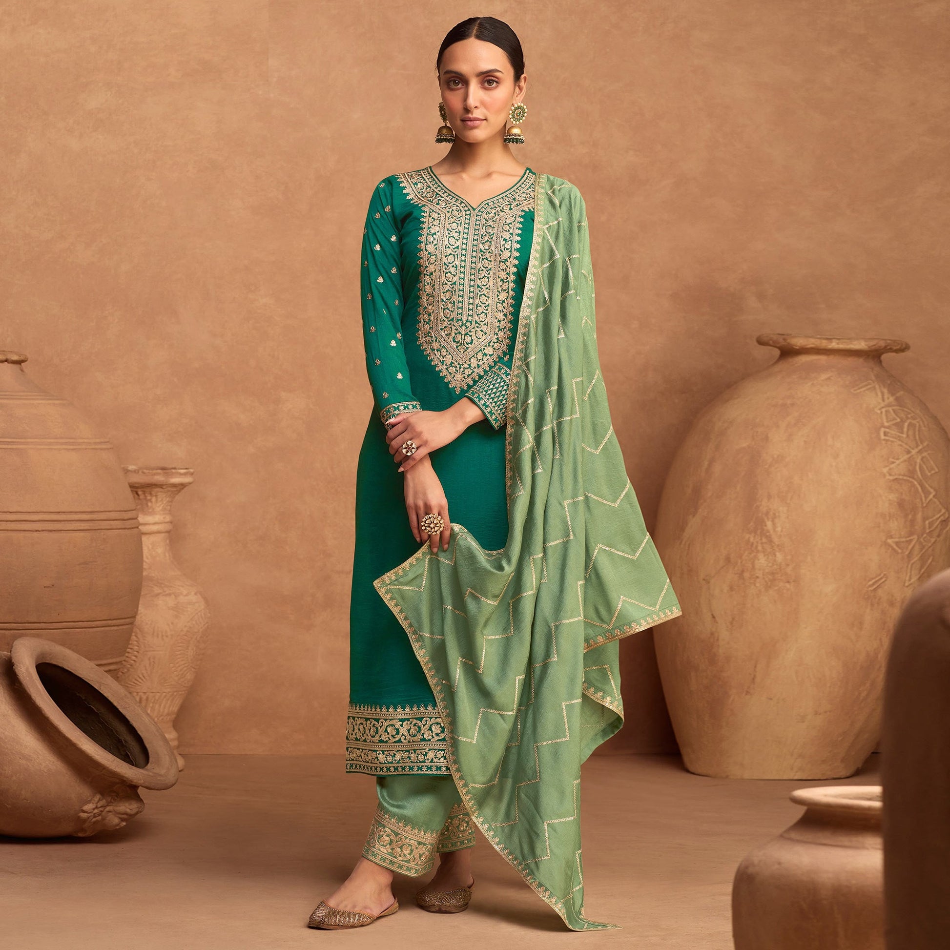 green-floral-sequins-embroidered-art-silk-semi-stitched-suit-1