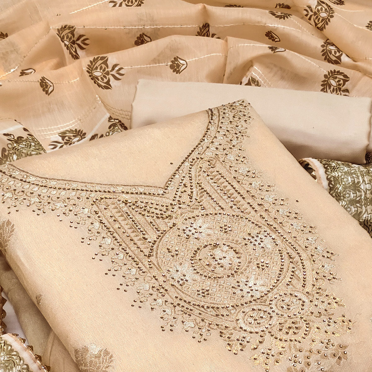 Chikoo Woven Banarasi Silk Dress Material