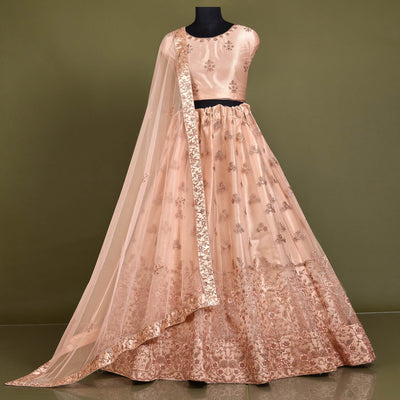 Light Peach Floral Embroidered Net Lehenga Choli