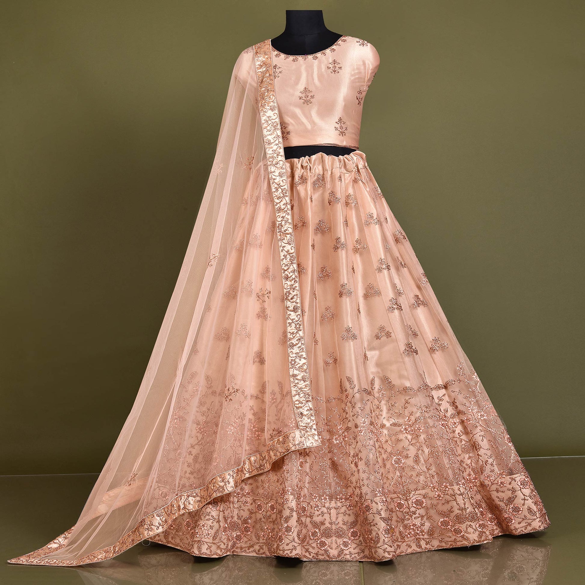 Light Peach Floral Embroidered Net Lehenga Choli
