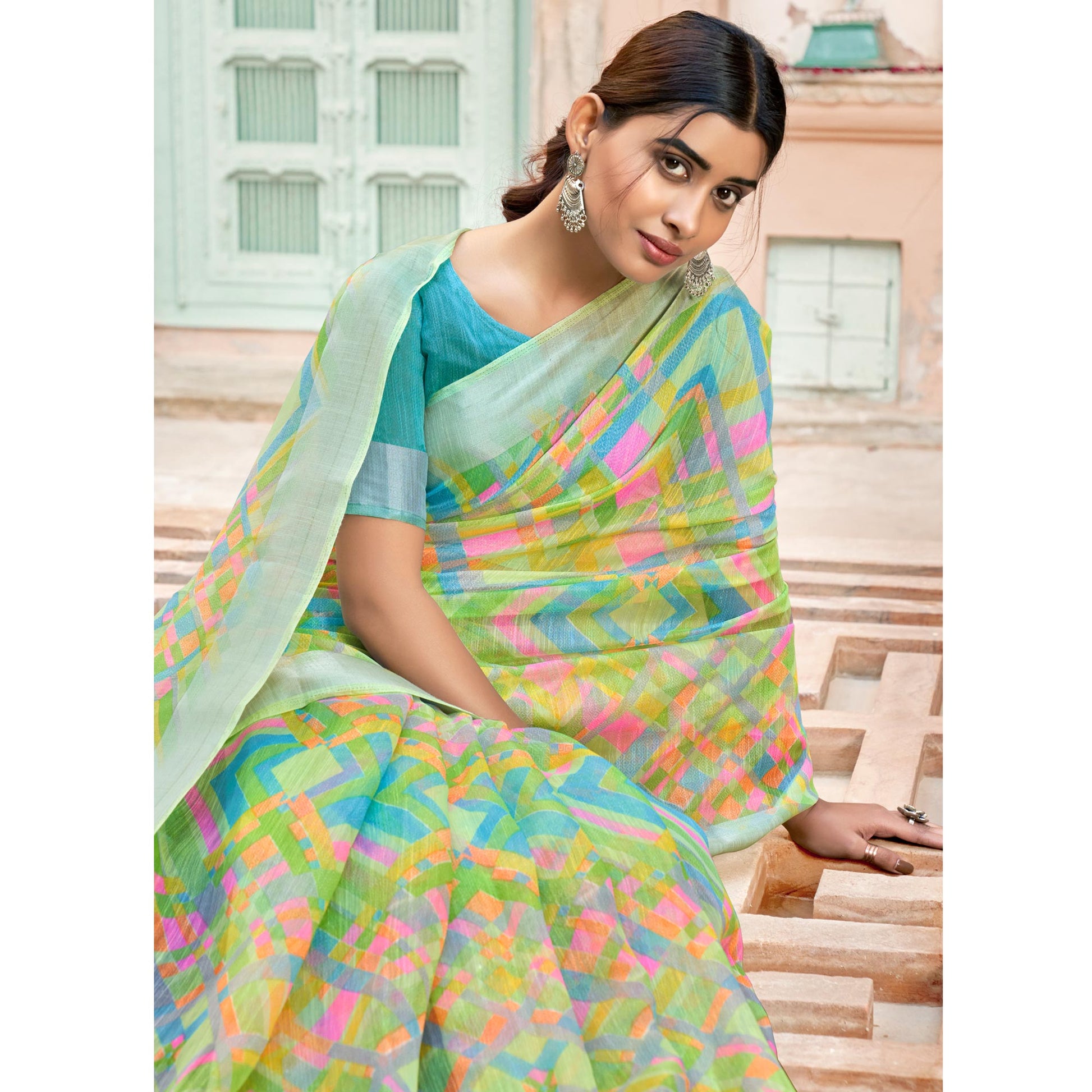 green-printed-poly-cotton-saree