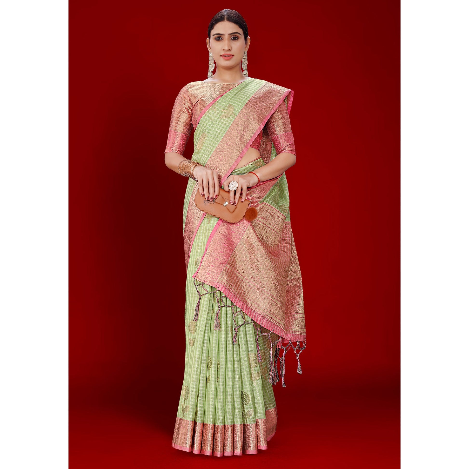 green-floral-woven-organza-saree-with-tassels-1