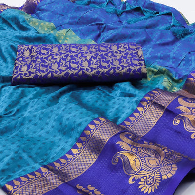 Blue Woven Cotton Silk Saree With Tassels