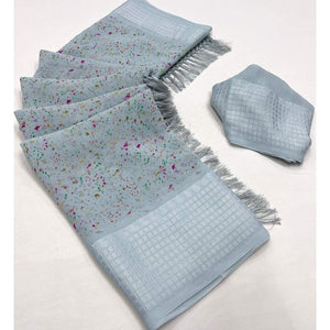 Grey Printed Georgette Saree With Tassels