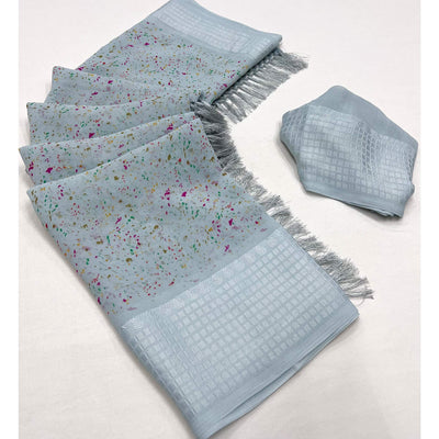 Grey Printed Georgette Saree With Tassels