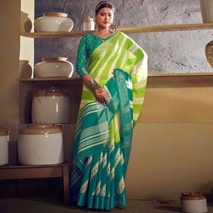 green-blue-printed-with-zari-border-linen-saree
