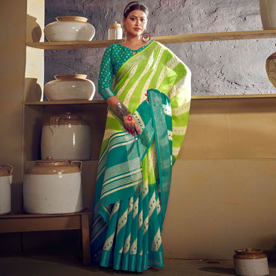 green-blue-printed-with-zari-border-linen-saree