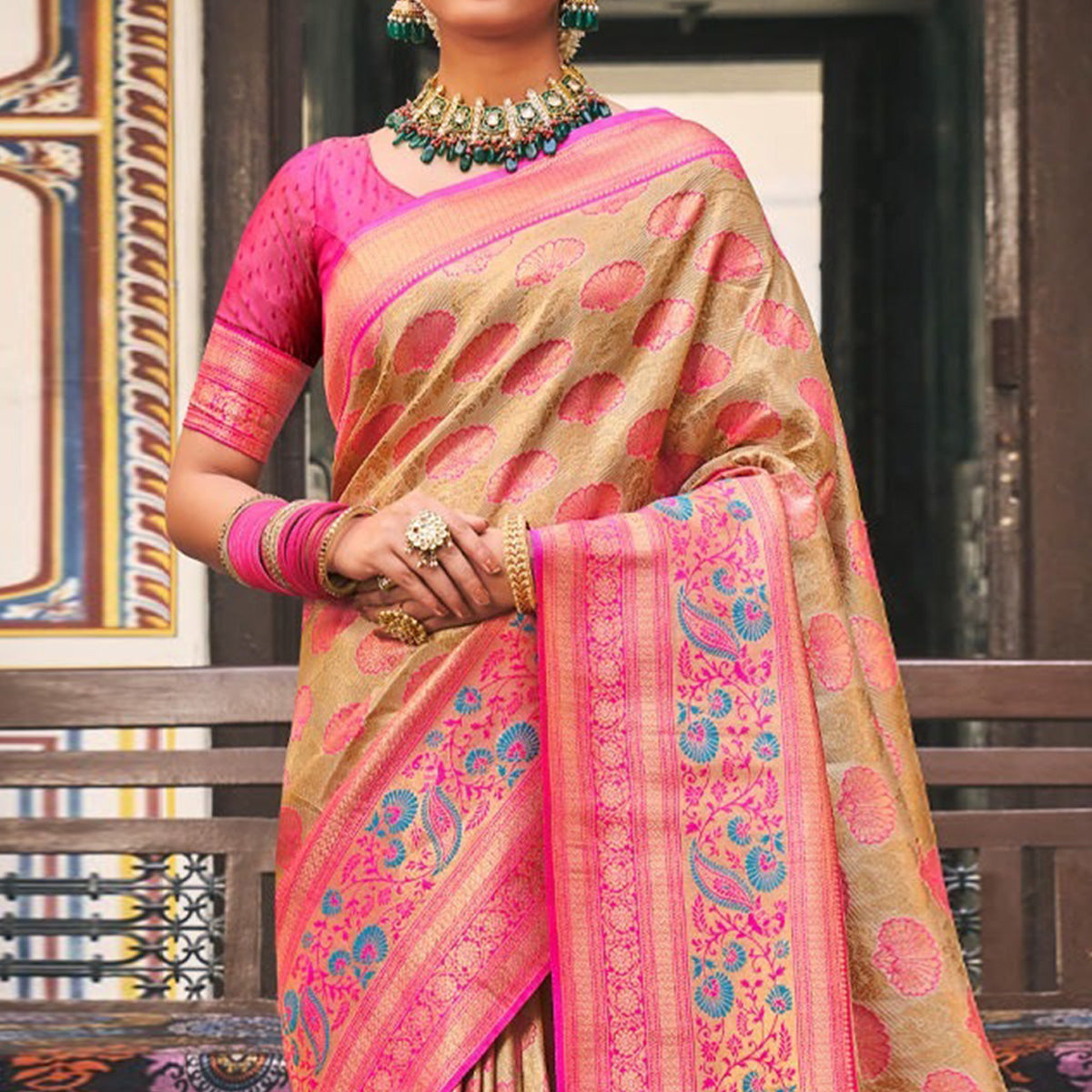 Chikoo Woven Kanjivaram Silk Saree With Tassels