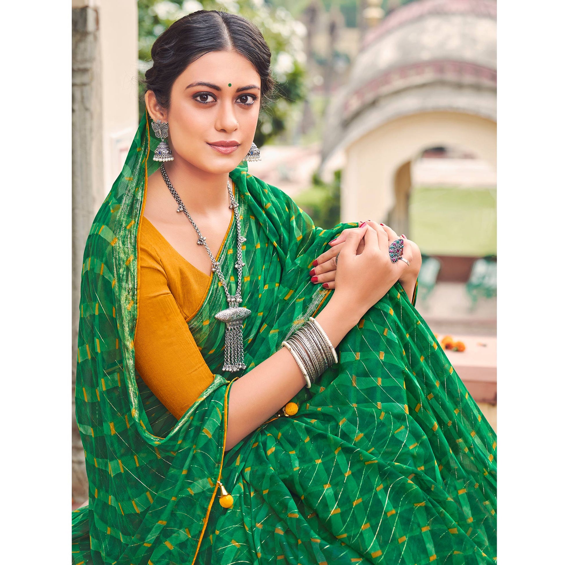 green-printed-chiffon-saree-1