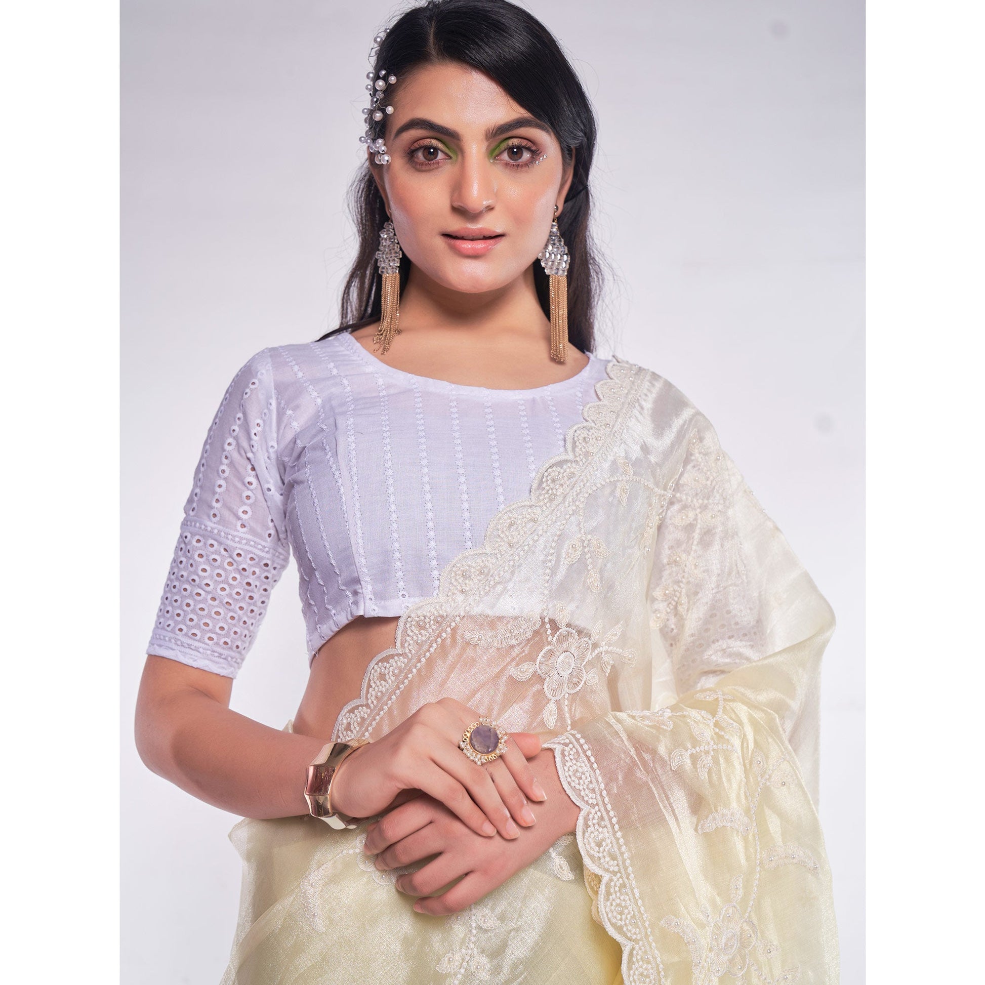 Light Yellow Floral Embroidered Organza Saree