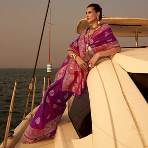 Magenta Pink Woven Satin Saree With Tassels
