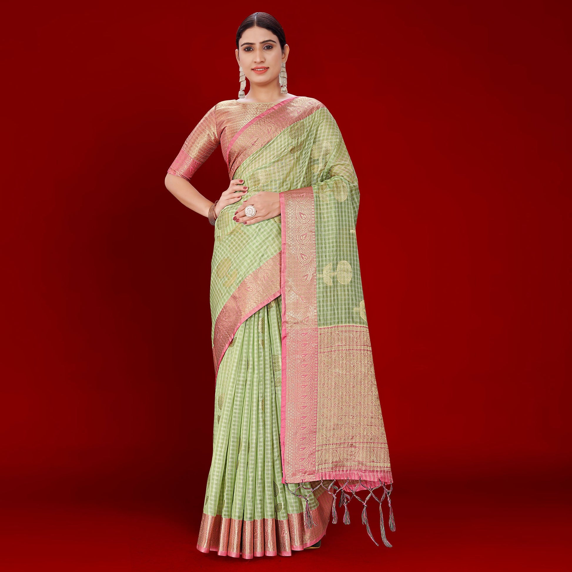 green-floral-woven-organza-saree-with-tassels-1