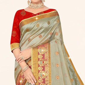 Grey Woven Organza Saree With Tassels