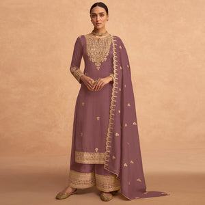 Mauve Sequins Embroidered Georgette Palazzo Suit