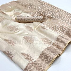 Cream Woven Raw Silk Saree