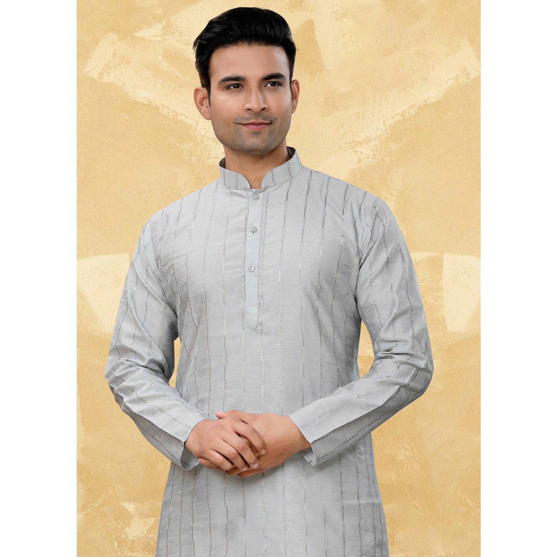 Grey Sequins Embroidered Art Silk Kurta Pyjama Set
