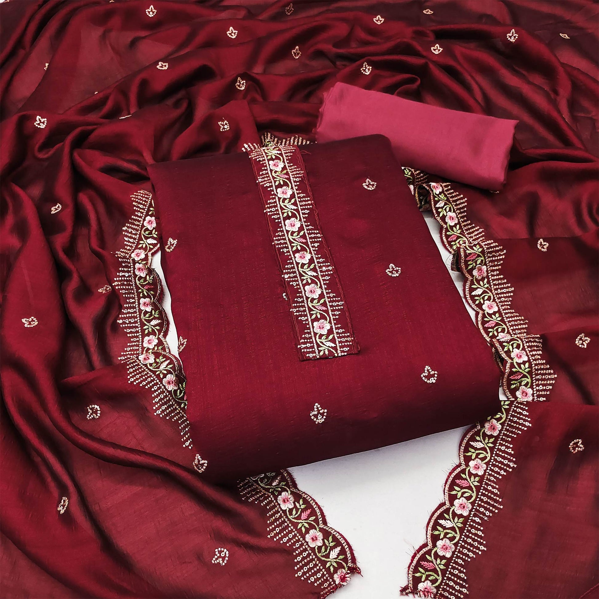 Maroon Floral Embroidered Vichitra Silk Dress Material