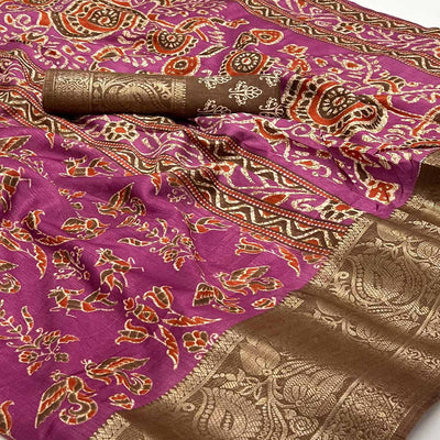 Magenta Purple Printed With Woven Border Dola Silk Saree