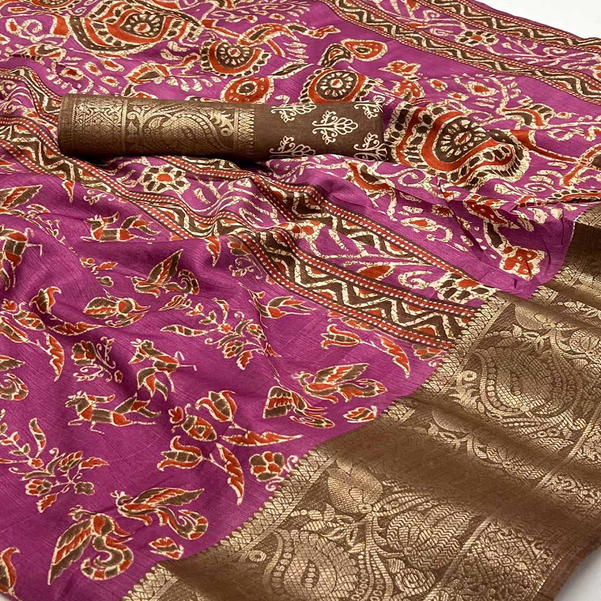Magenta Purple Printed With Woven Border Dola Silk Saree