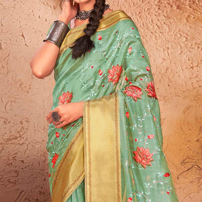 a-green-embroidered-with-woven-border-organza-saree