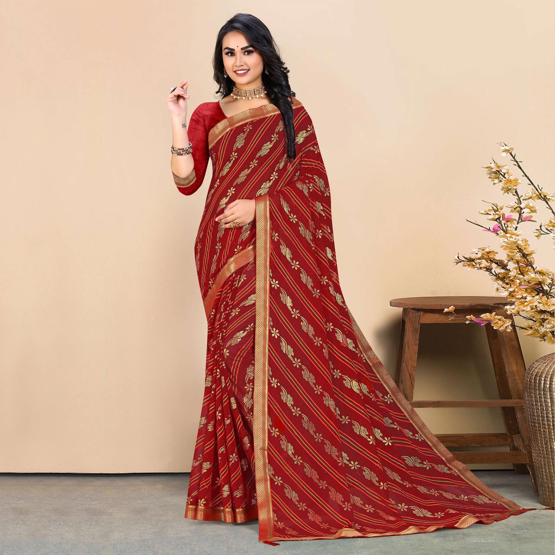 Maroon Foil Printed Georgette Saree