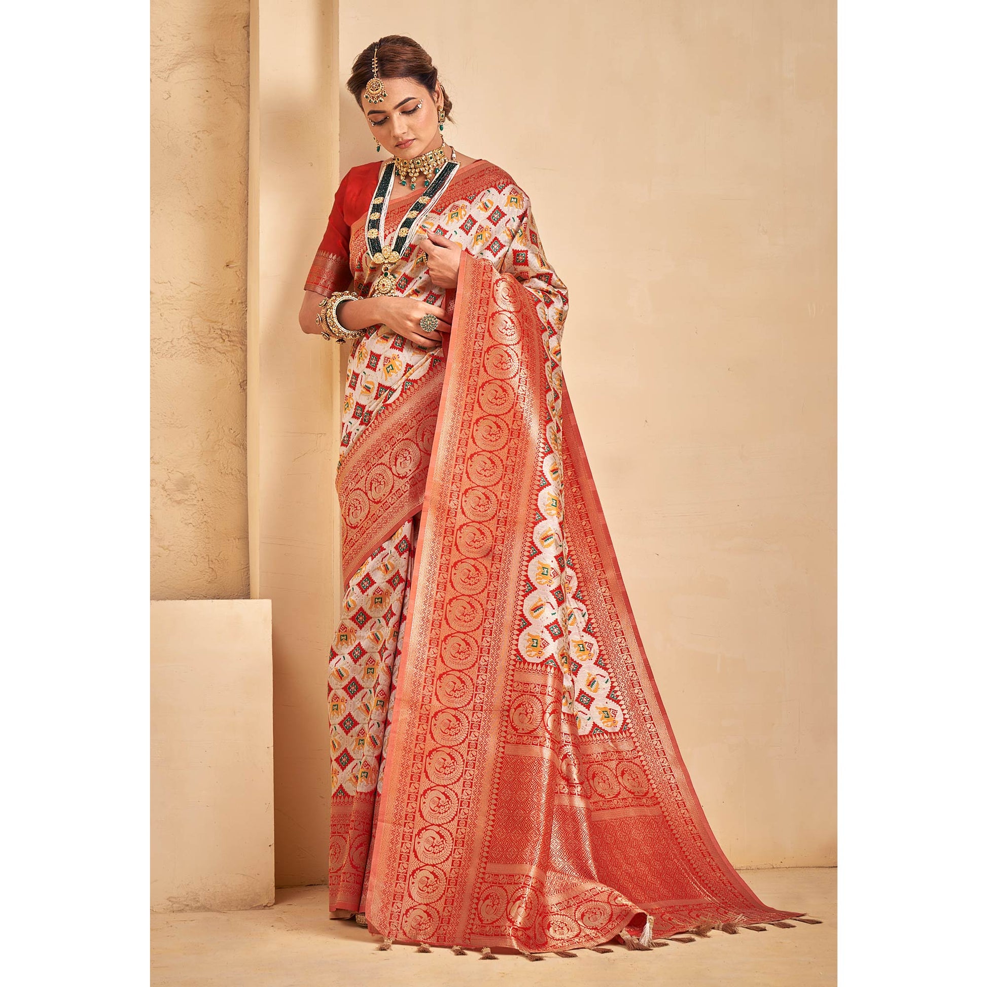Cream Woven Patola Art Silk Saree With Tassels