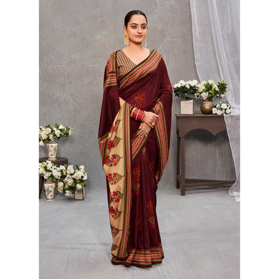 Dark Maroon Printed With Embroidery Tussar Silk Saree
