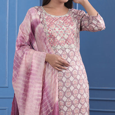Mauve Floral Printed With Embroidered Rayon Suit