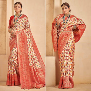 Cream Woven Patola Art Silk Saree With Tassels