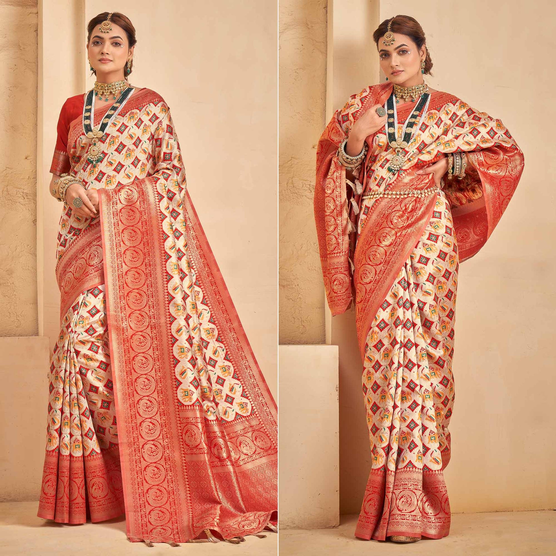 Cream Woven Patola Art Silk Saree With Tassels