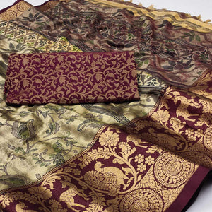 Chikoo Printed With Woven Border Cotton Silk Saree