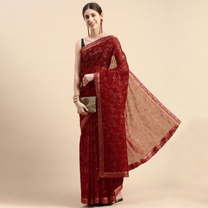 Maroon Floral Foil Printed Shimmer Saree