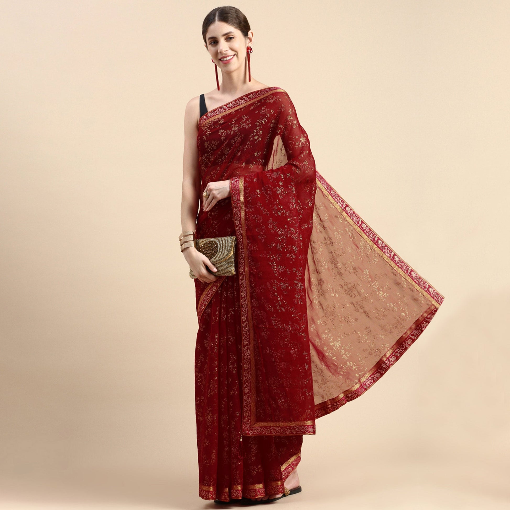 Maroon Floral Foil Printed Shimmer Saree