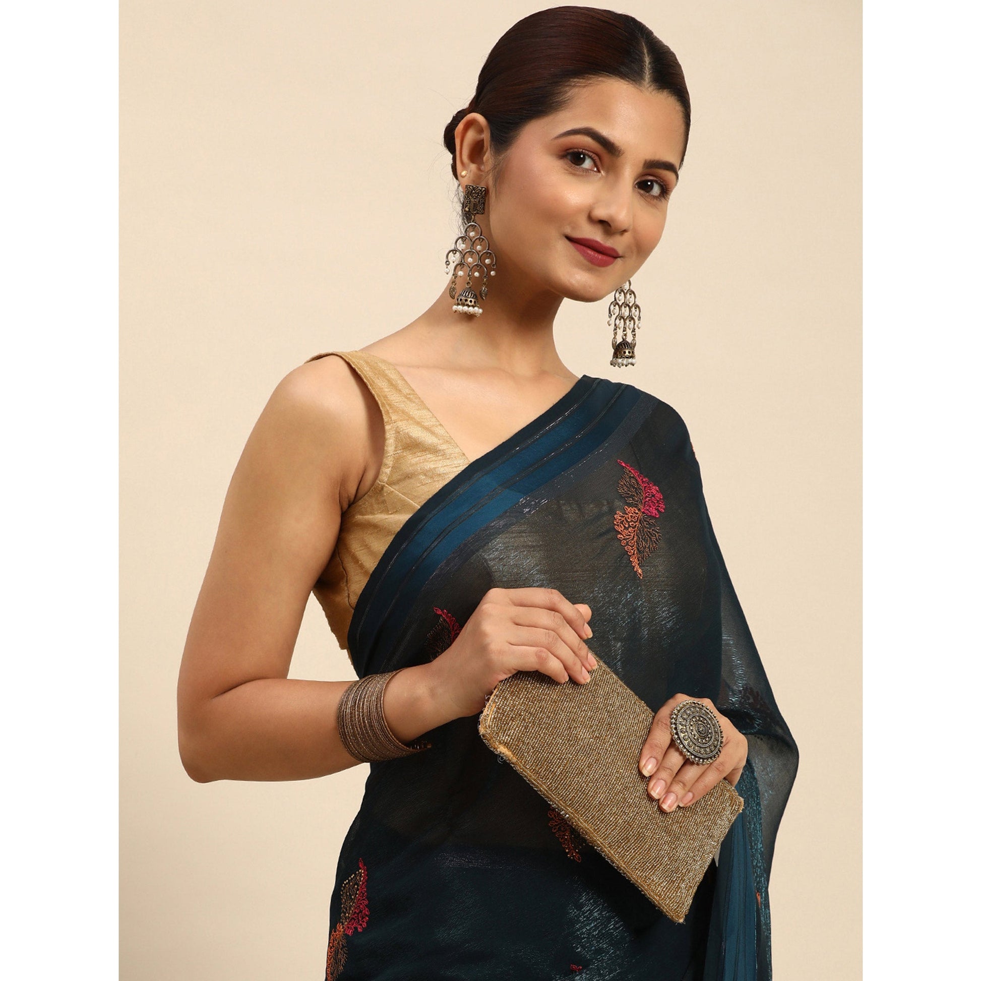 Blue Swarovski With Embroidery Work Chiffon Saree