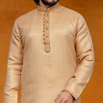 Cream Woven Jacquard Kurta Pyjama Set