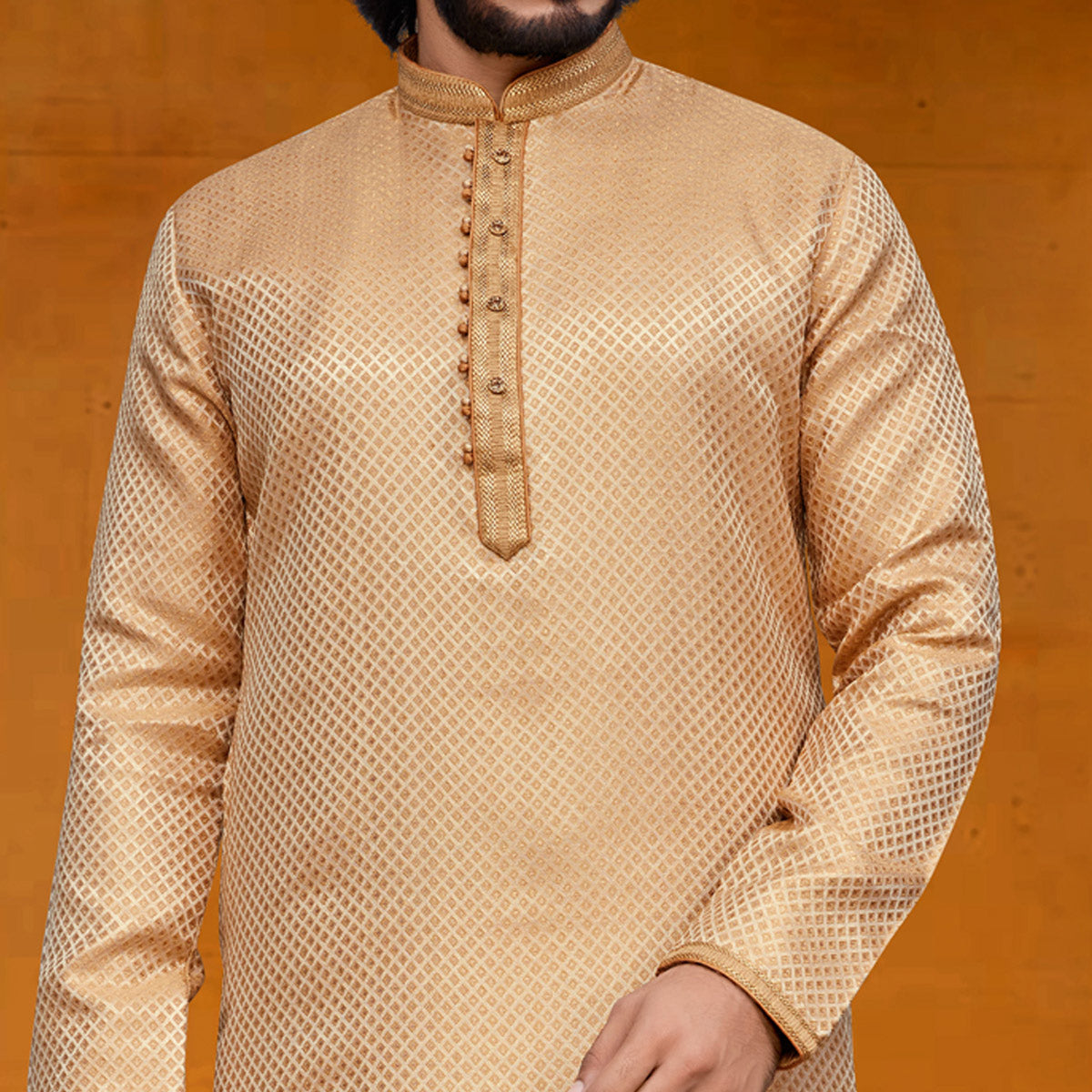 Cream Woven Jacquard Kurta Pyjama Set