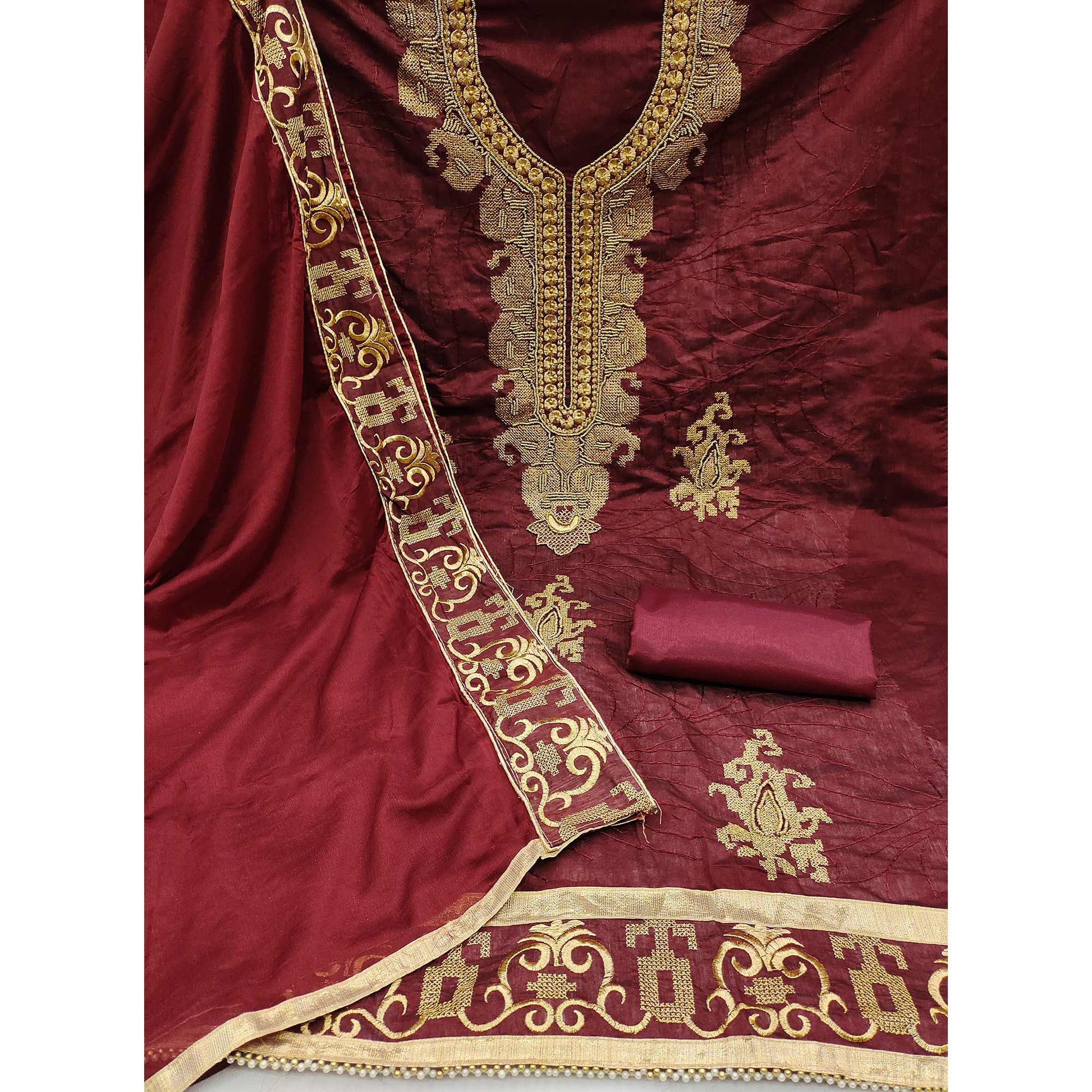 Maroon Handwork Embroidered Modal Dress Material