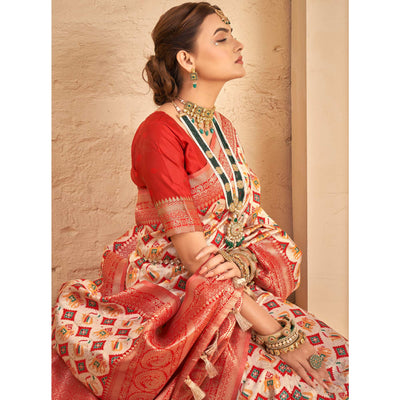 Cream Woven Patola Art Silk Saree With Tassels