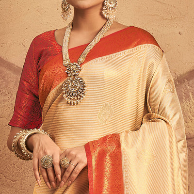 Cream Woven Art Silk Saree With Tassels