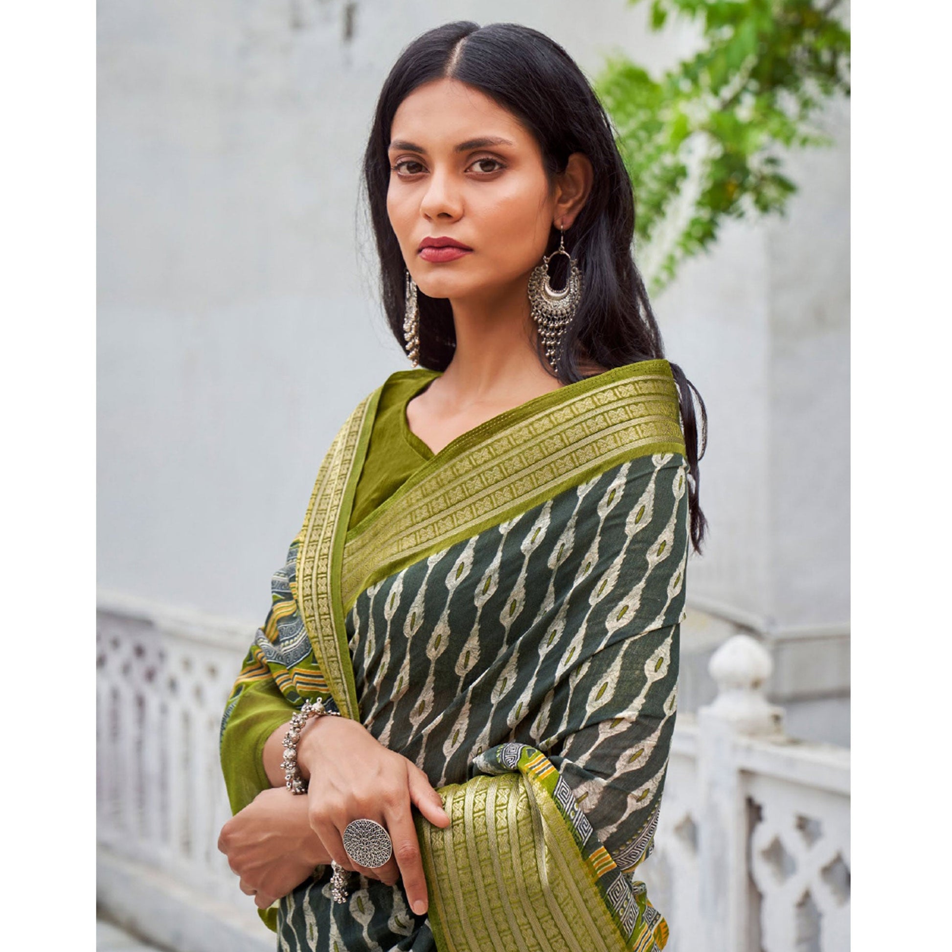 green-printed-with-woven-border-raw-silk