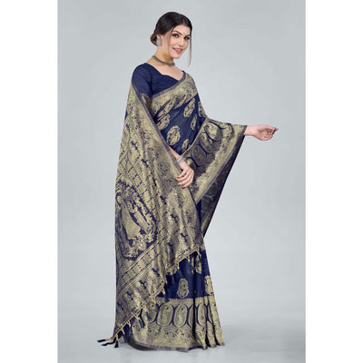 Blue Woven Organza Saree With Tassels